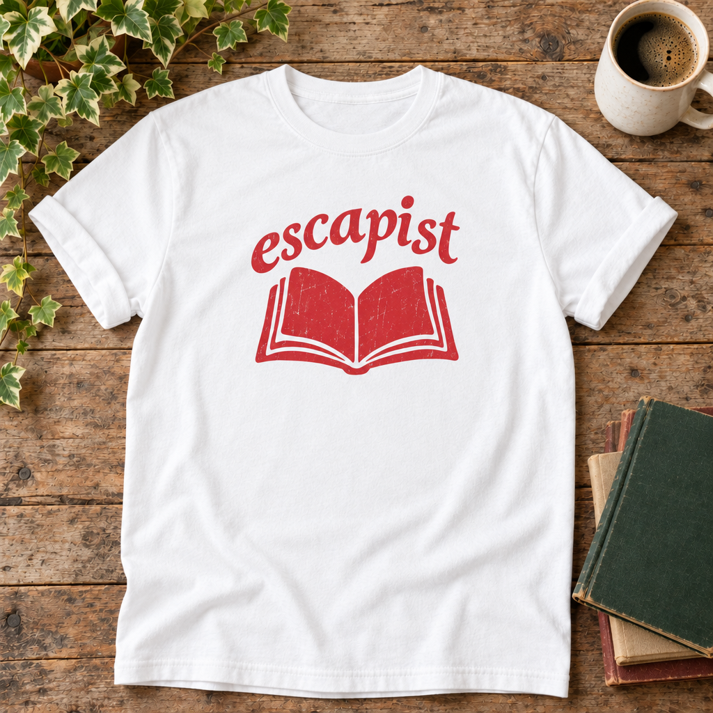 Escapist White t-shirt weathered-wood flat lay