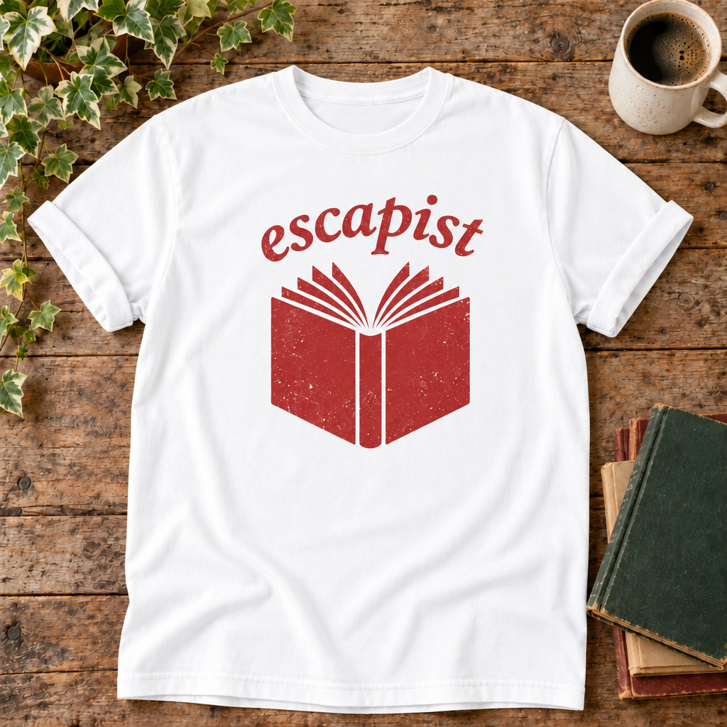 Escapist White t-shirt flat lay