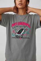 Close-up model wearing no signal retro t-shirt in Grey