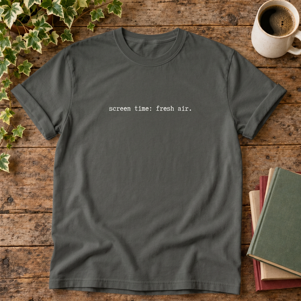 Pepper screen time fresh air t-shirt, rustic wood flat lay