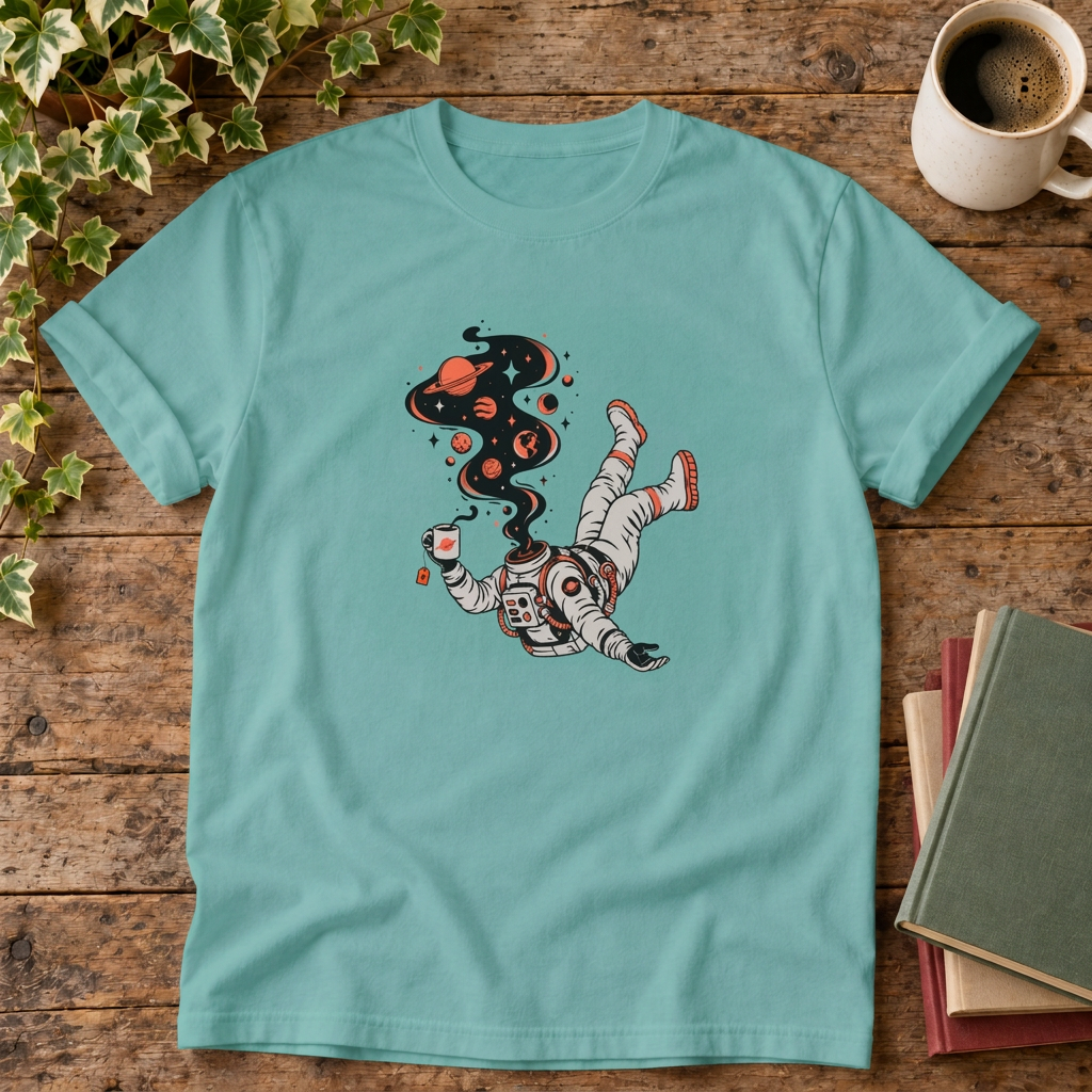 Astronaut cosmic t-shirt in Seafoam, rustic flat lay