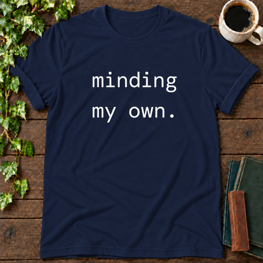 minding my own. navy t-shirt flat lay