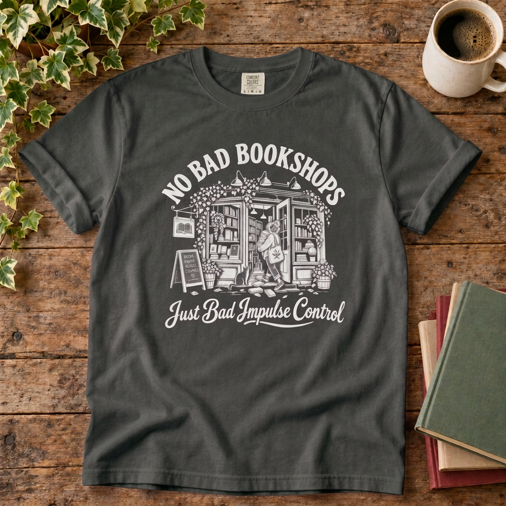 No bad bookshops T-shirt in Pepper, stylised flat lay
