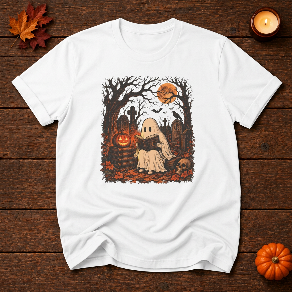 Spooky ghost cemetery front-print t-shirt in White, Halloween flat lay