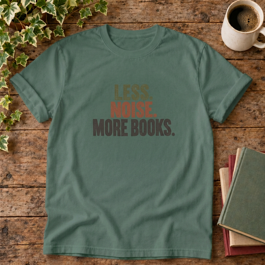 Less noise more books t-shirt in Blue Spruce, rustic wood flat lay