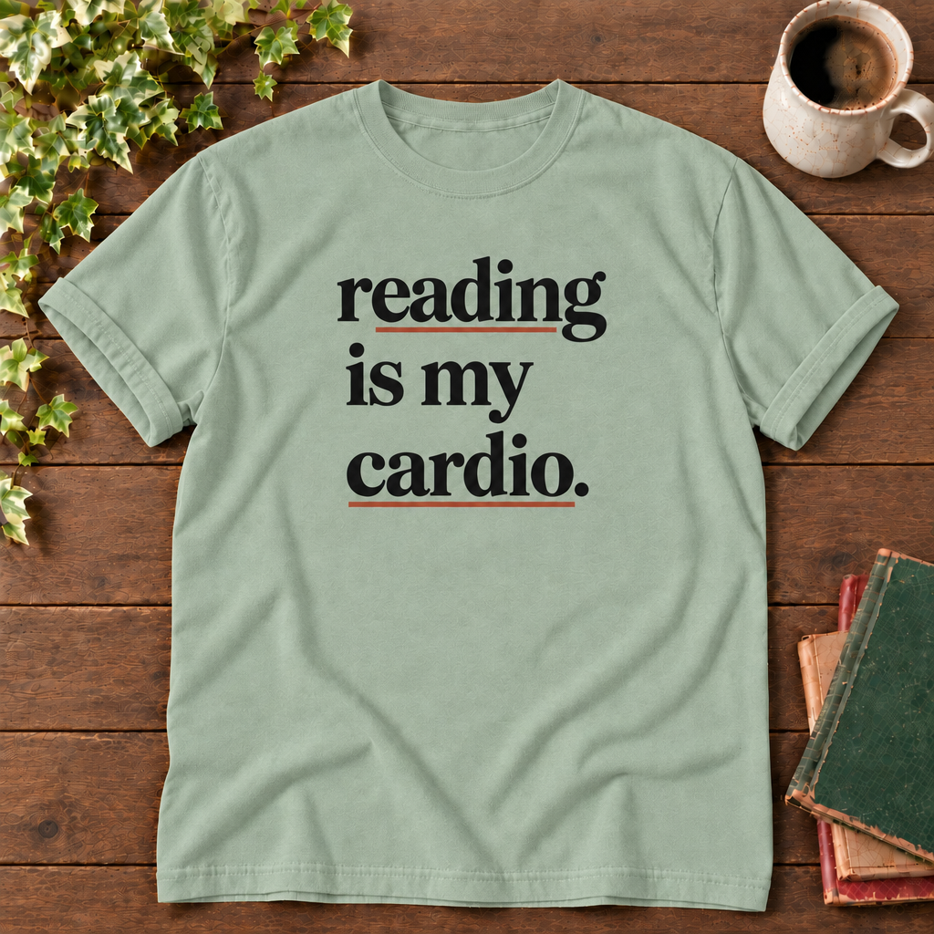 Reading is my cardio Bay, smooth timber, aligned coffee mug and green red tan books