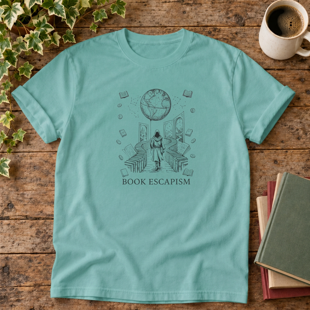 Book escapism reader t-shirt in Seafoam, rustic flat lay
