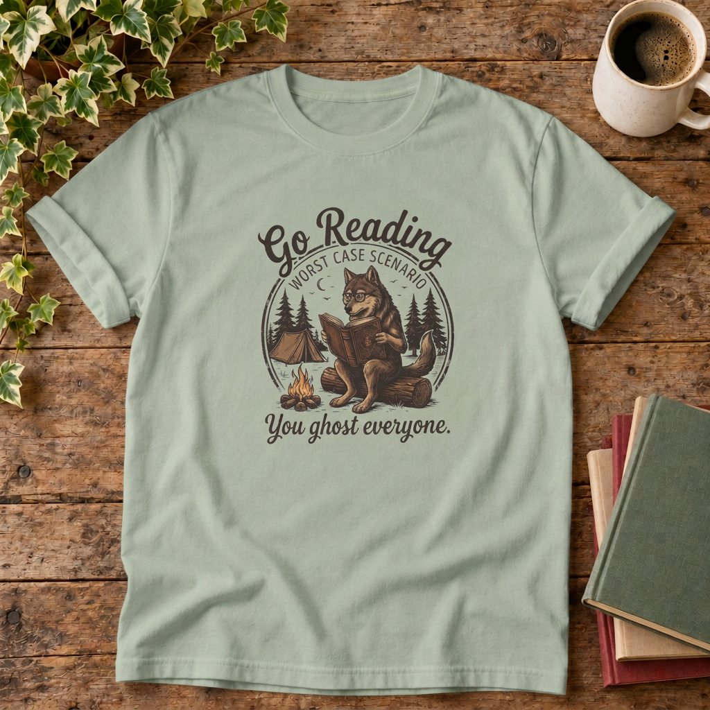 Go reading T-shirt in Bay sage green, stylised flat lay