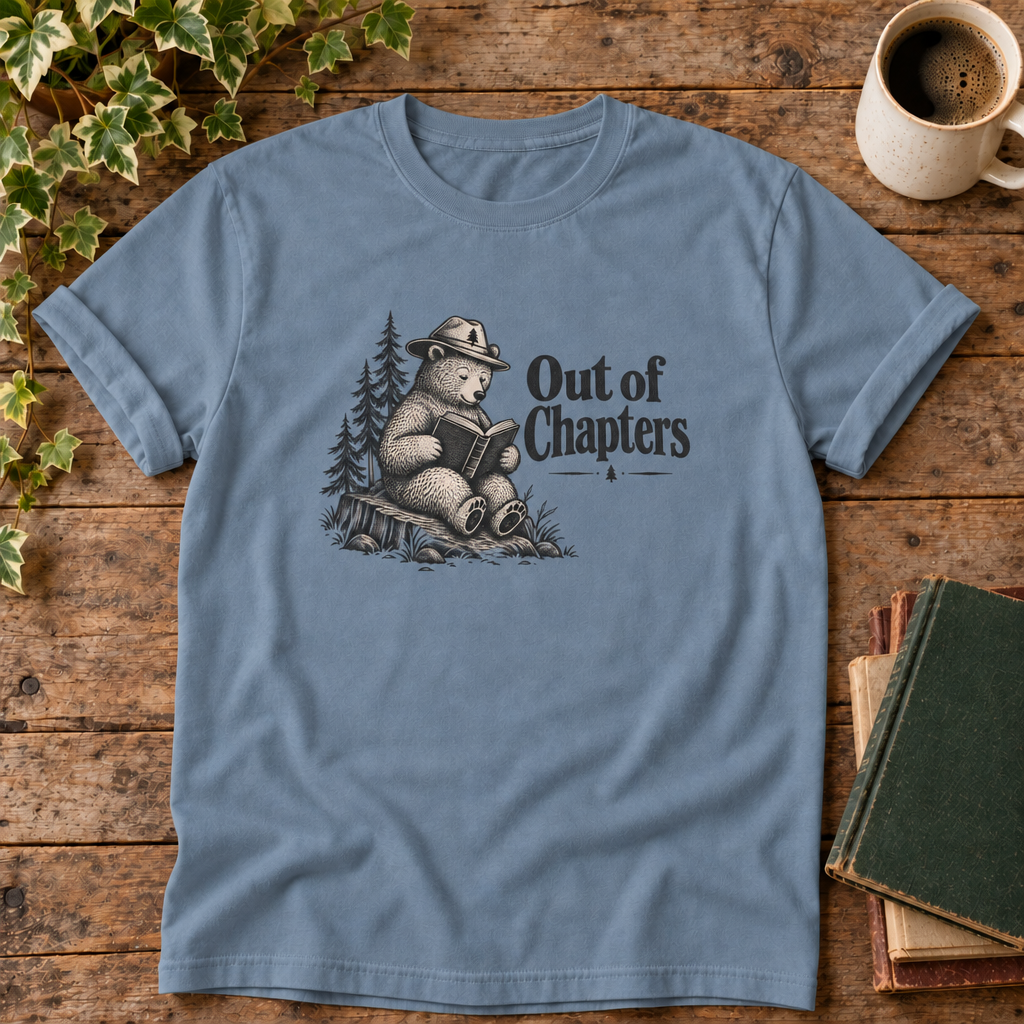 Reading Bear Out of Chapters tee in Blue Jean, flat lay with blank antique books