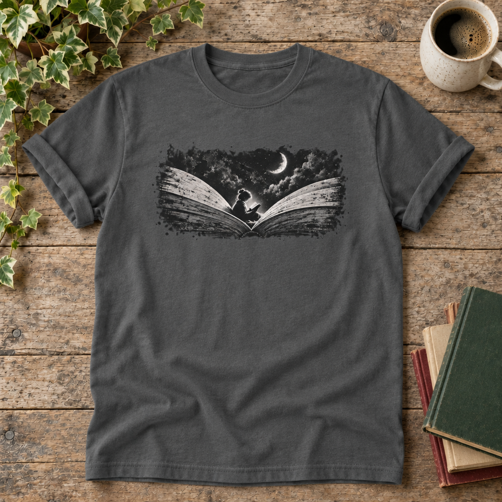 Reader under moonlight Pepper t-shirt flat lay