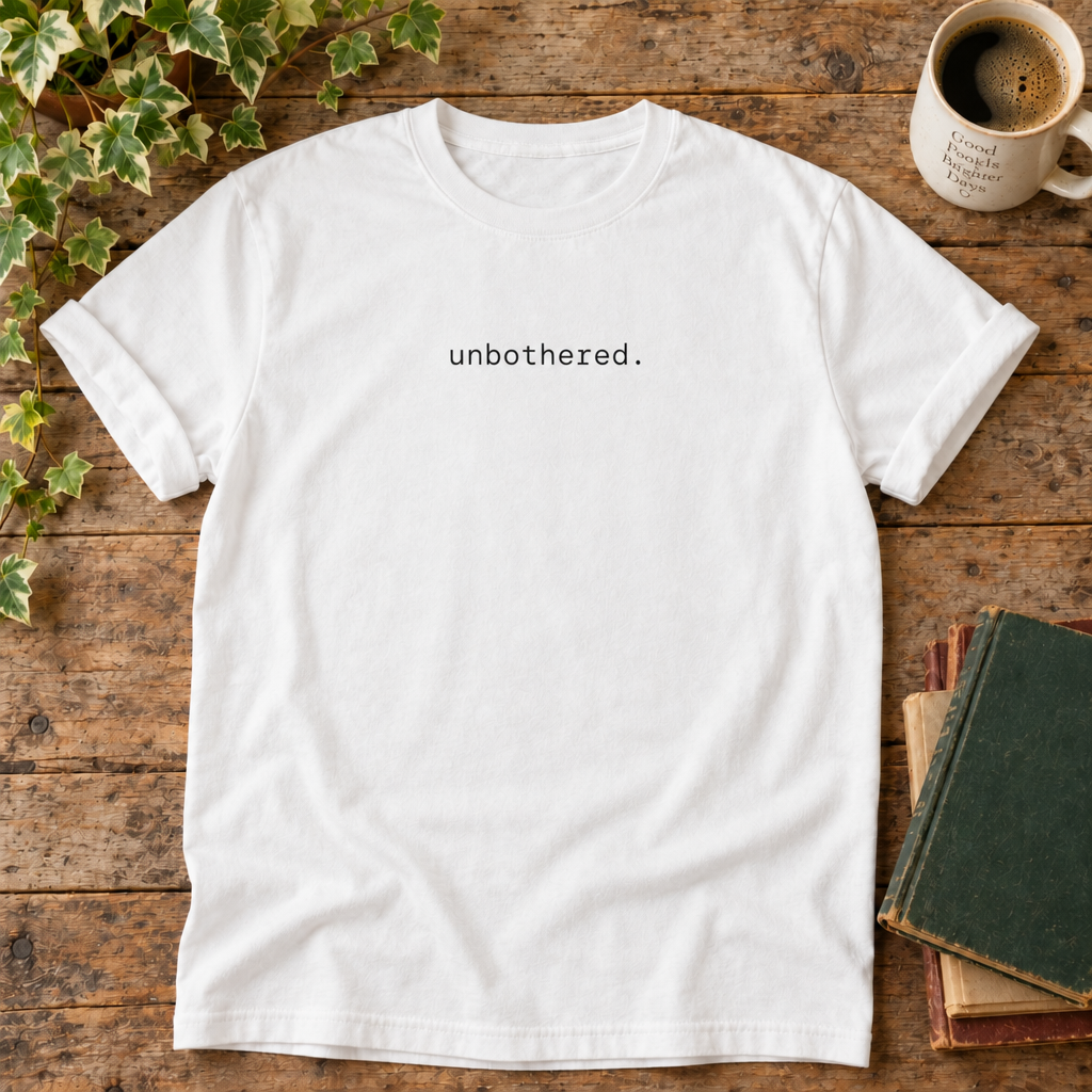 Unbothered. White t-shirt weathered-wood flat lay