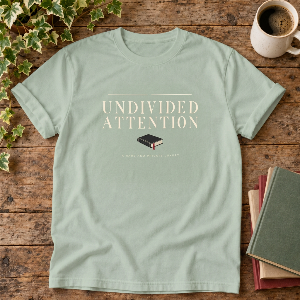Undivided attention Bay T-shirt wood-and-books flat lay