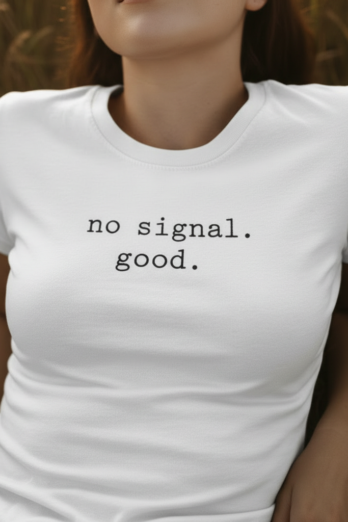 no signal. good. — close-up print detail, white Bella Canvas