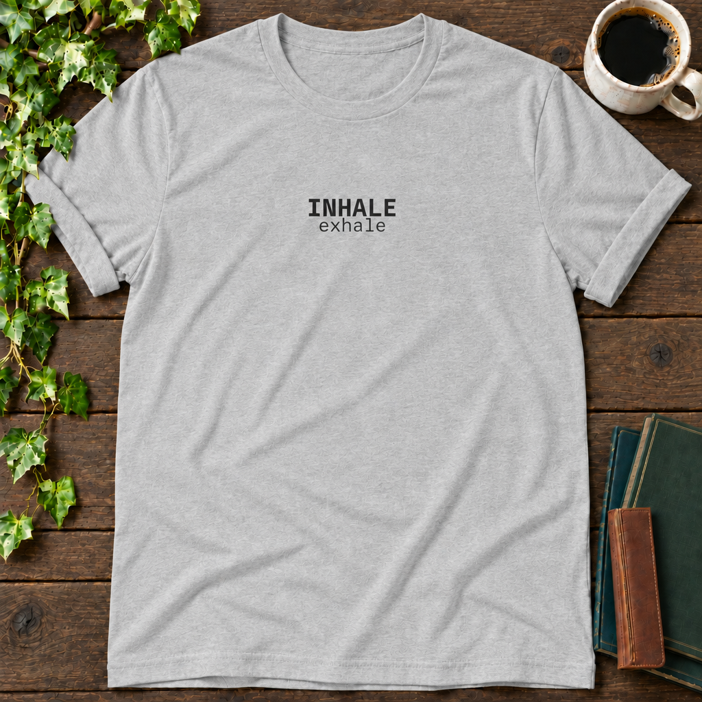 inhale. exhale. athletic heather t-shirt flat lay