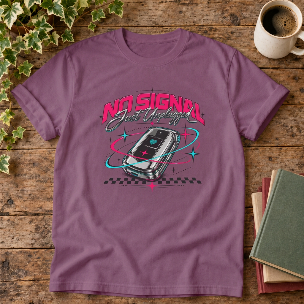 No signal retro t-shirt in Berry, rustic flat lay