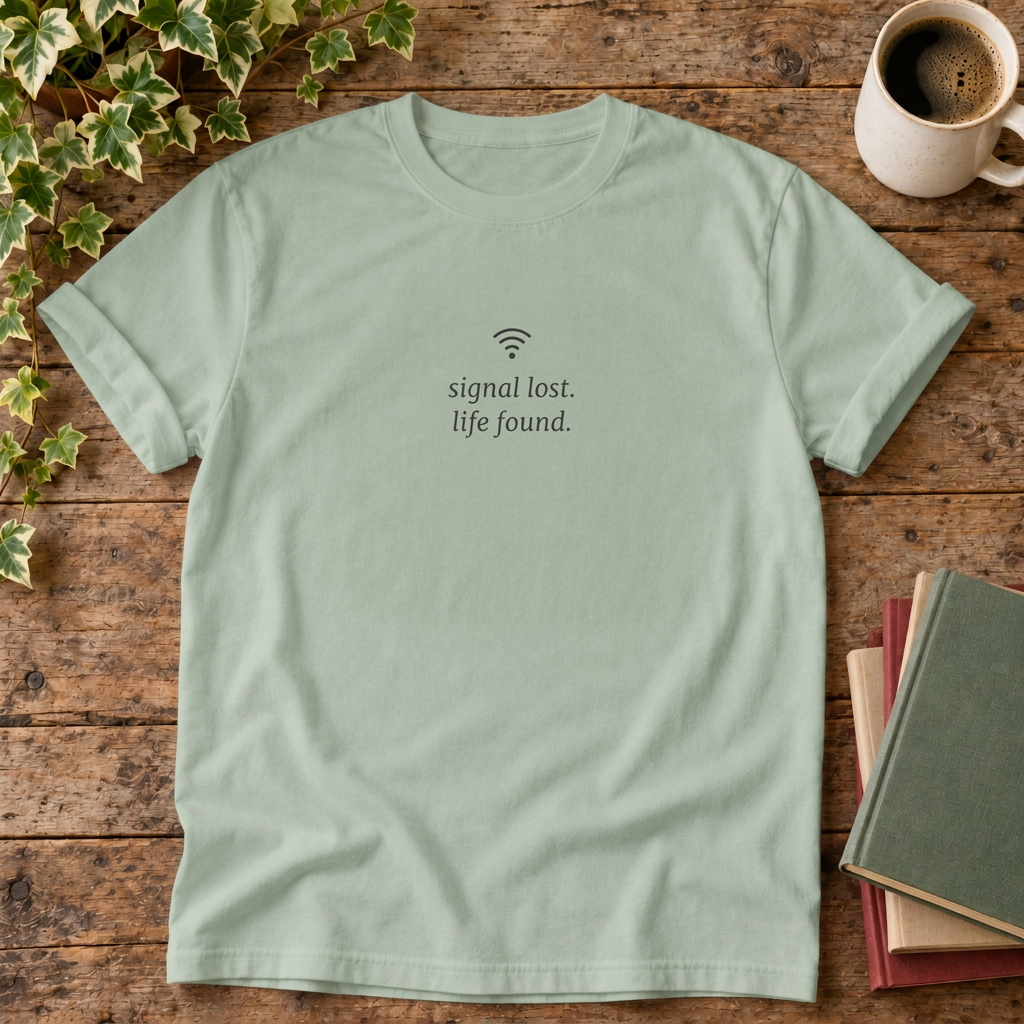 Signal lost. Life found. t-shirt in Bay, rustic flat lay