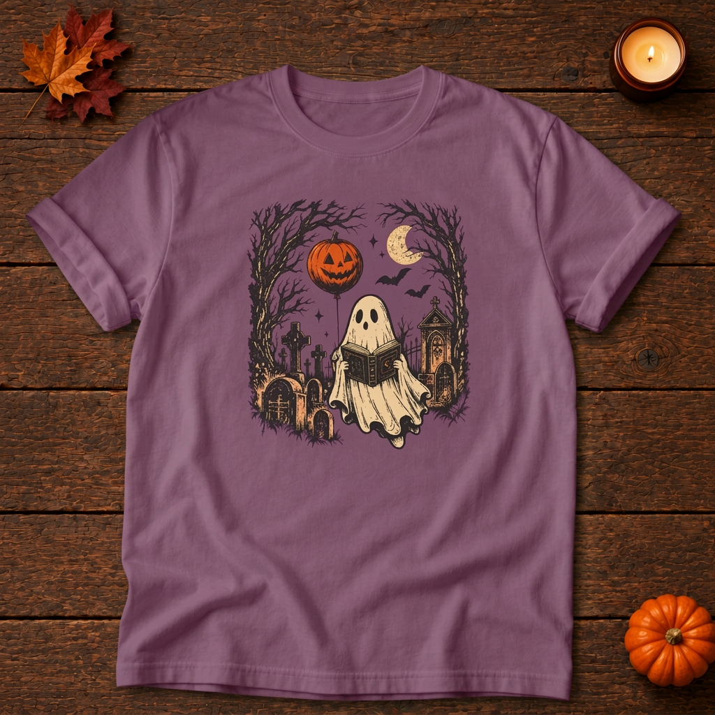Graveyard reader front-print t-shirt in Berry, Halloween flat lay
