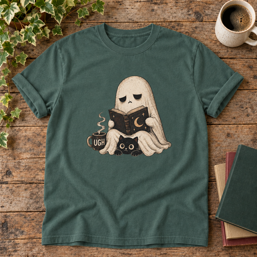 Ghost reading Blue Spruce t-shirt flat lay