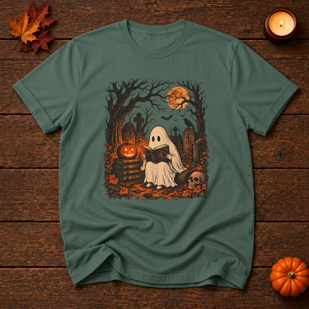 Spooky ghost cemetery front-print t-shirt in Blue Spruce, Halloween flat lay