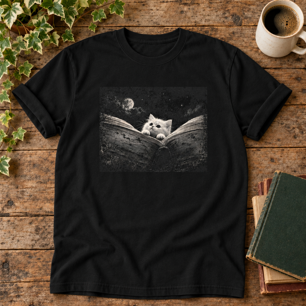 Reading cat Black t-shirt weathered-wood flat lay