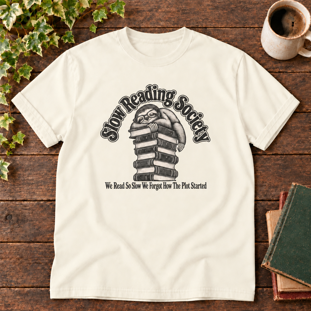Ivory sloth Slow Reading Society tee with blank neckline
