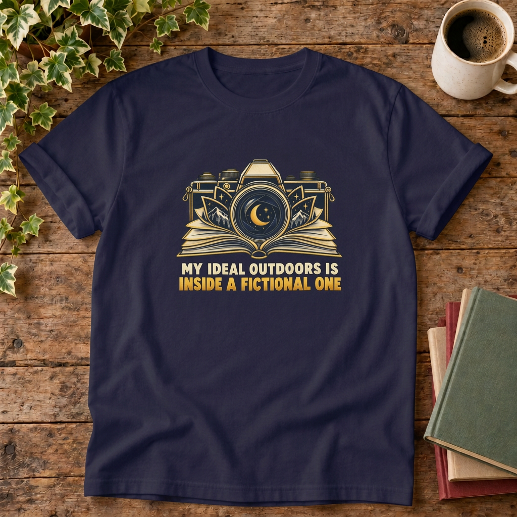 My ideal outdoors T-shirt in True Navy with cream and gold print, stylised flat lay