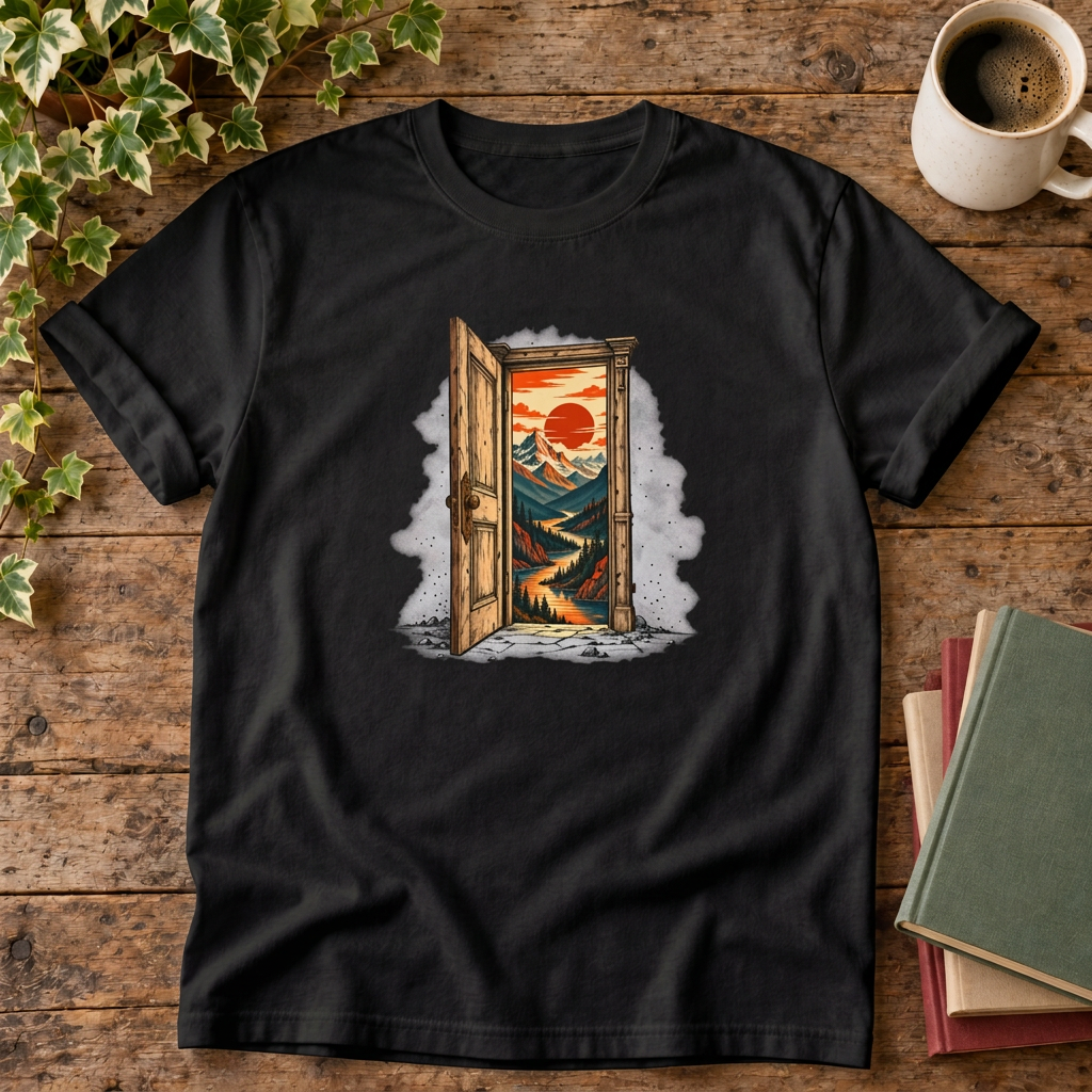 No notifications doorway graphic t-shirt in Black, rustic flat lay