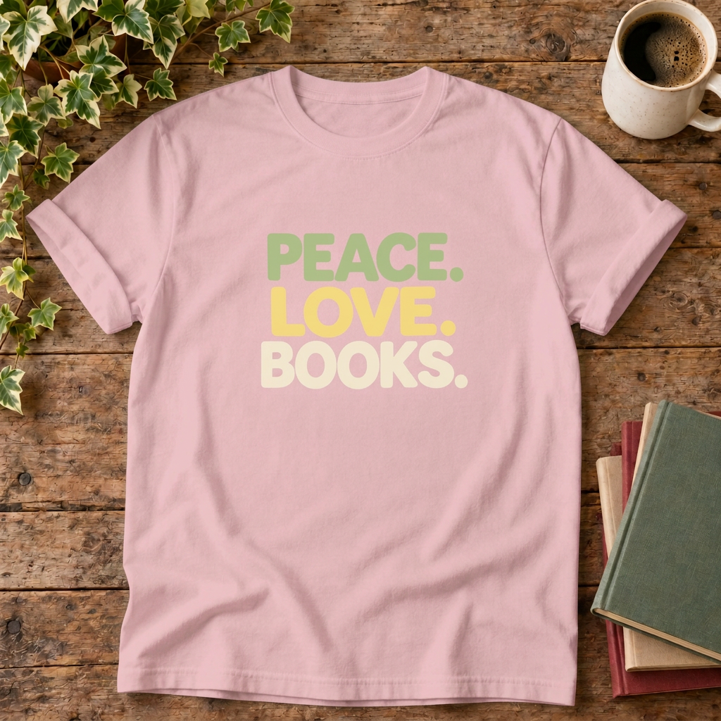 Peace love books t-shirt in Blossom, rustic wood flat lay