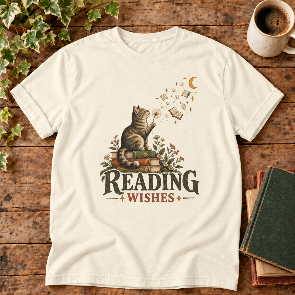 Reading Wishes tee in Ivory with cat, books and moon
