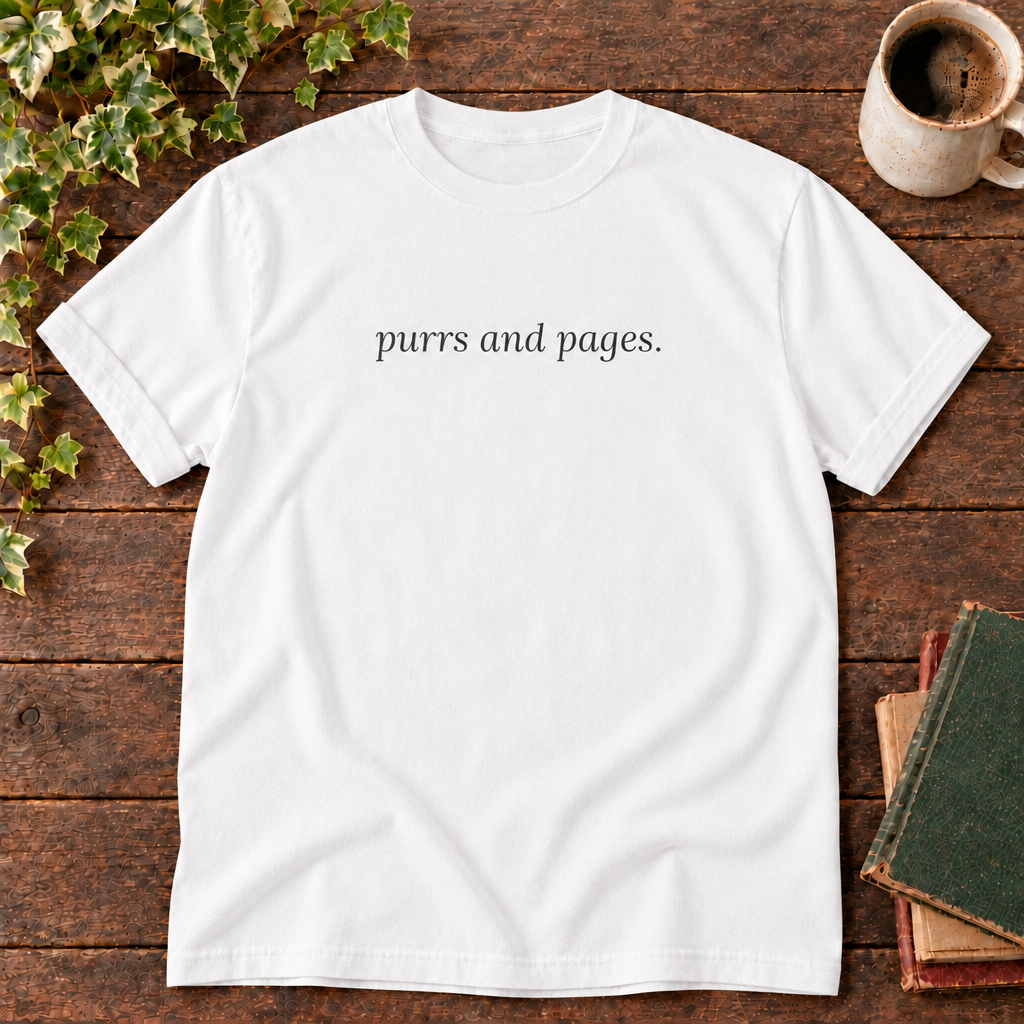 White purrs and pages tee with plain neckline