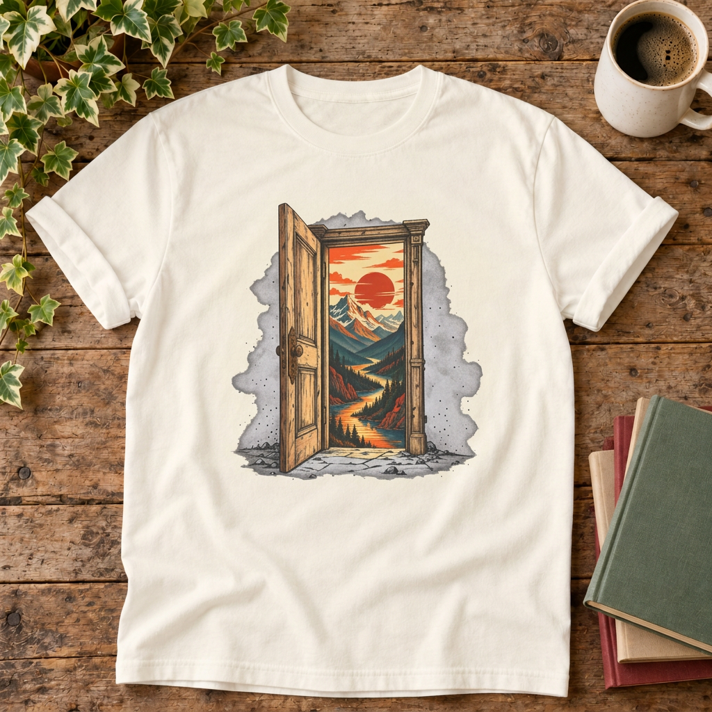 No notifications doorway graphic t-shirt in Ivory, rustic flat lay