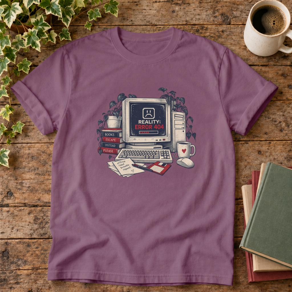 Reality error 404 t-shirt in Berry, rustic flat lay