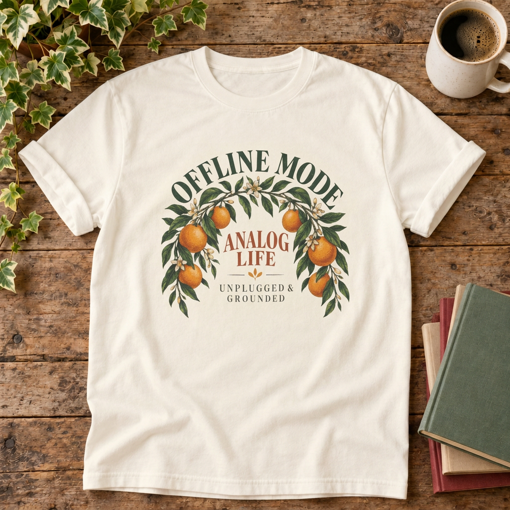 Offline mode analog life orange blossom t-shirt in Ivory, rustic flat lay