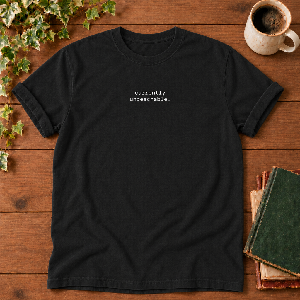 Currently unreachable. Black t-shirt flat lay