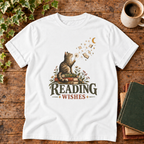 Reading Wishes tee in White with cat, books and moon