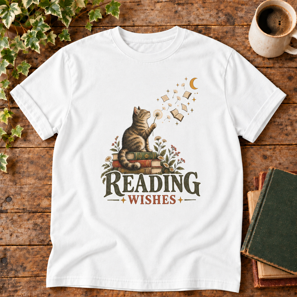 Reading Wishes tee in White with cat, books and moon