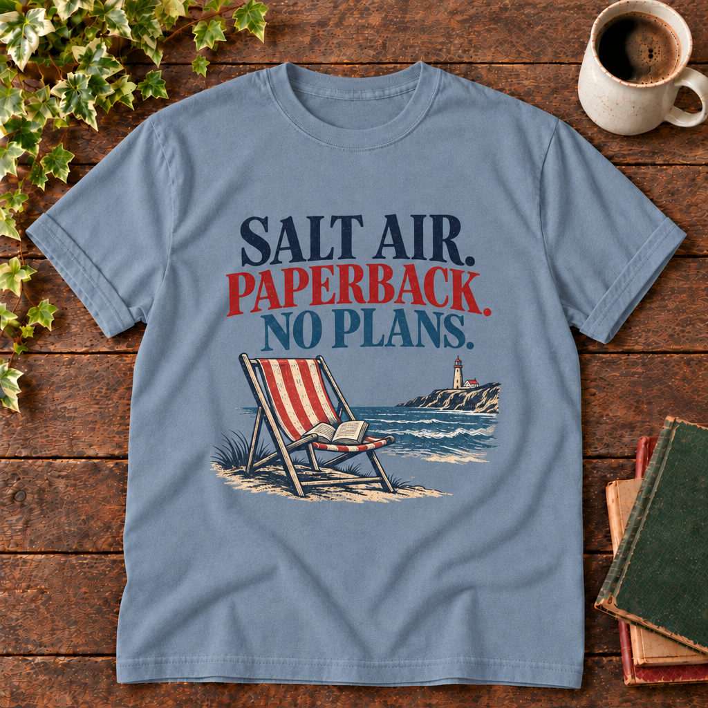 Blue Jean Salt Air Paperback No Plans tee with coastal print
