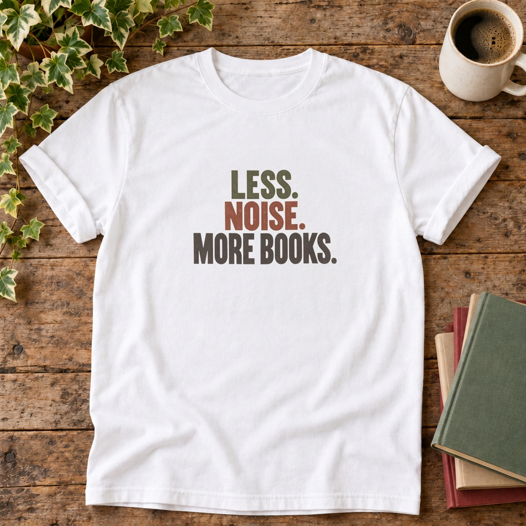 Less noise more books t-shirt in White, rustic wood flat lay