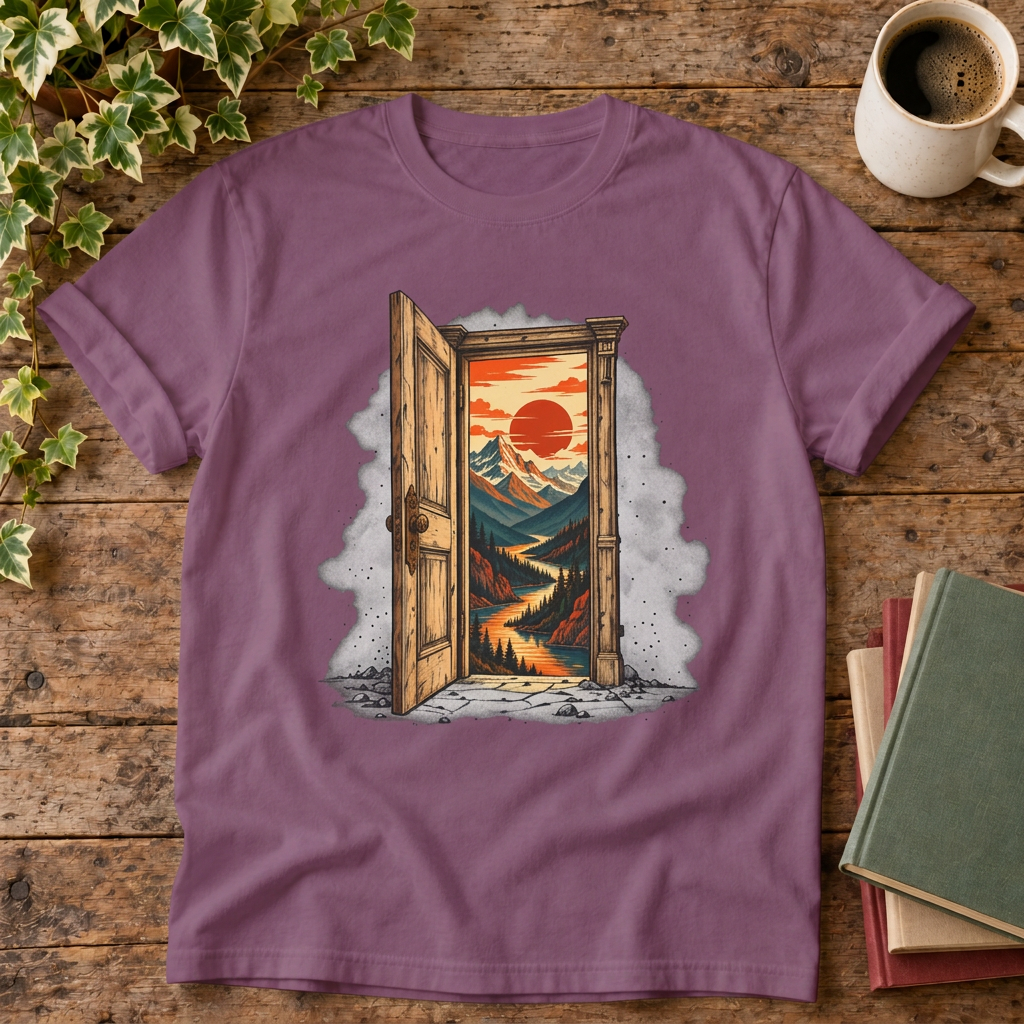 No notifications doorway graphic t-shirt in Berry, rustic flat lay
