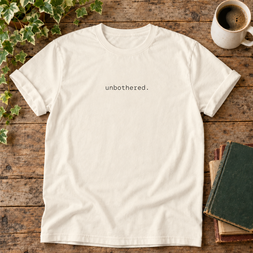 Unbothered. Ivory t-shirt weathered-wood flat lay