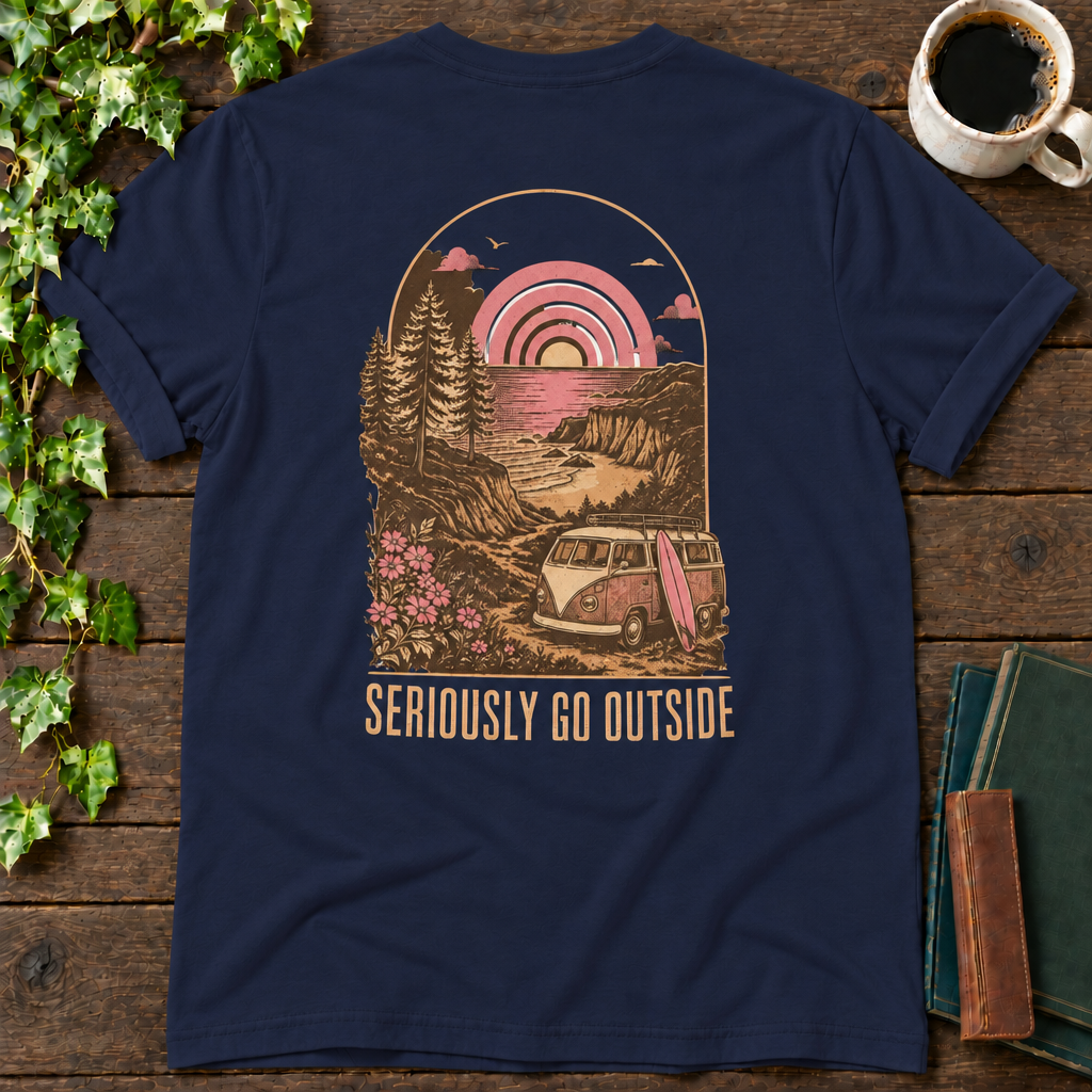go outside. navy t-shirt back print flat lay