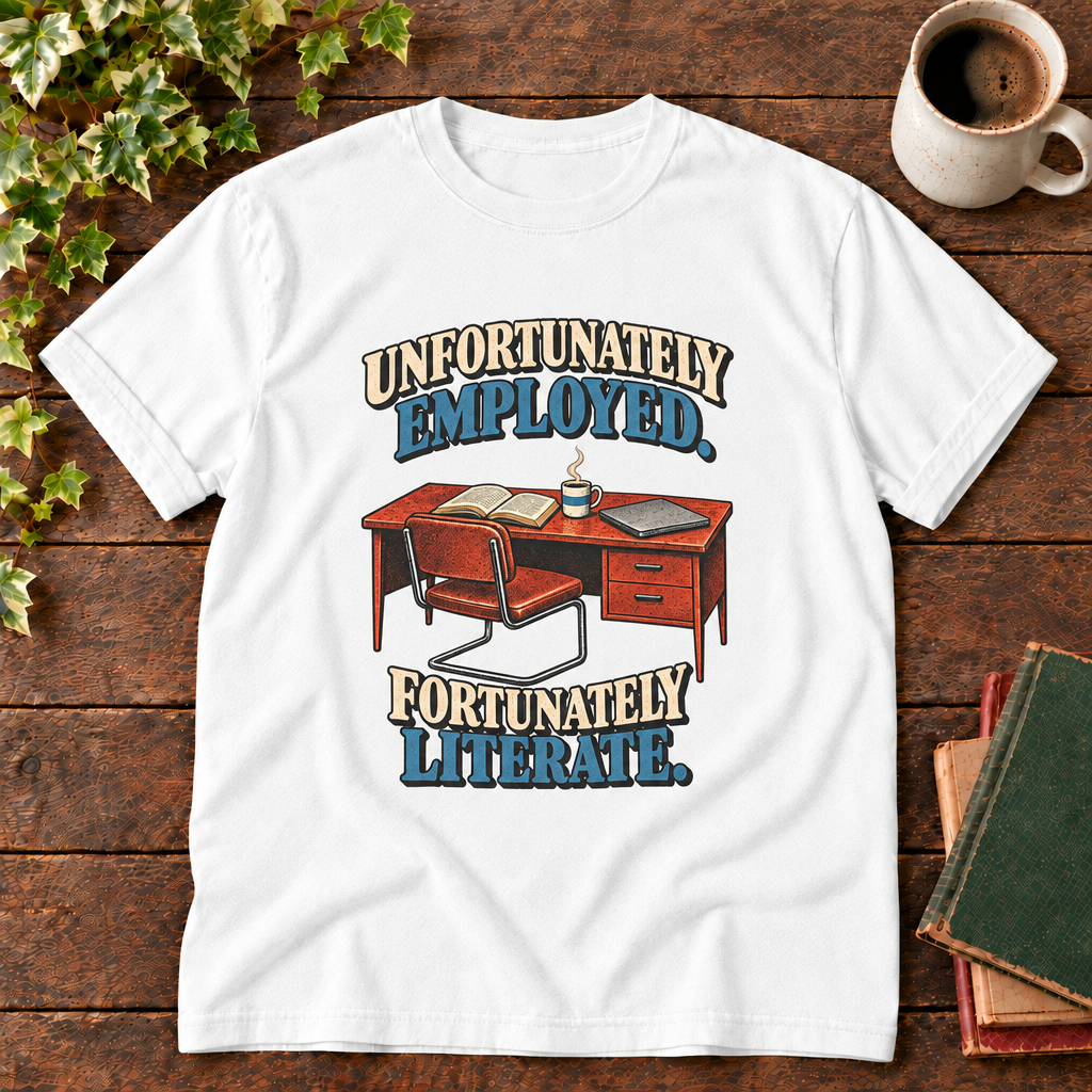 White unfortunately employed fortunately literate tee flat lay