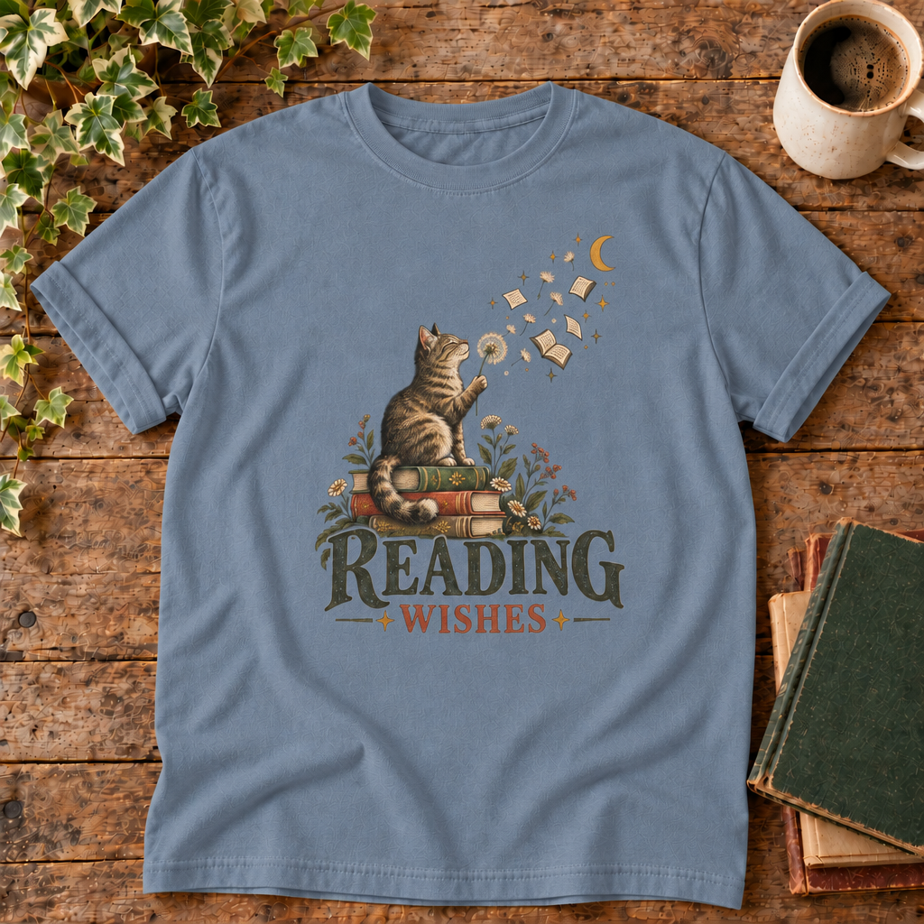 Reading Wishes tee in Blue Jean with cat, books and moon