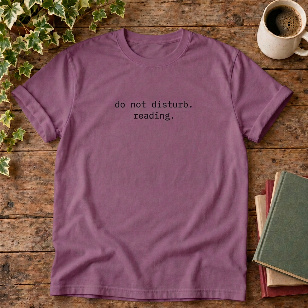 Do not disturb reading T-shirt in Berry, flat lay with blank neck label