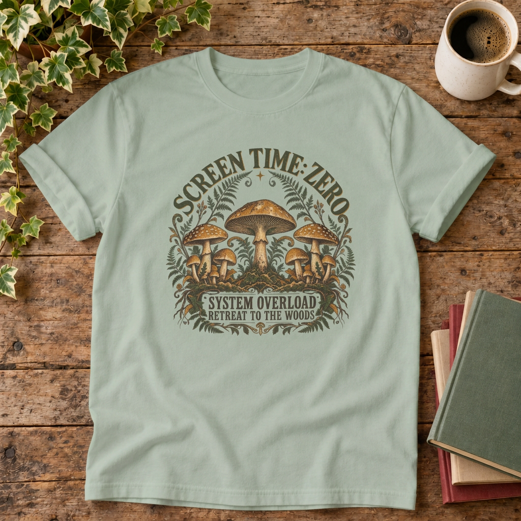 Screen time zero mushroom t-shirt in Bay, rustic flat lay