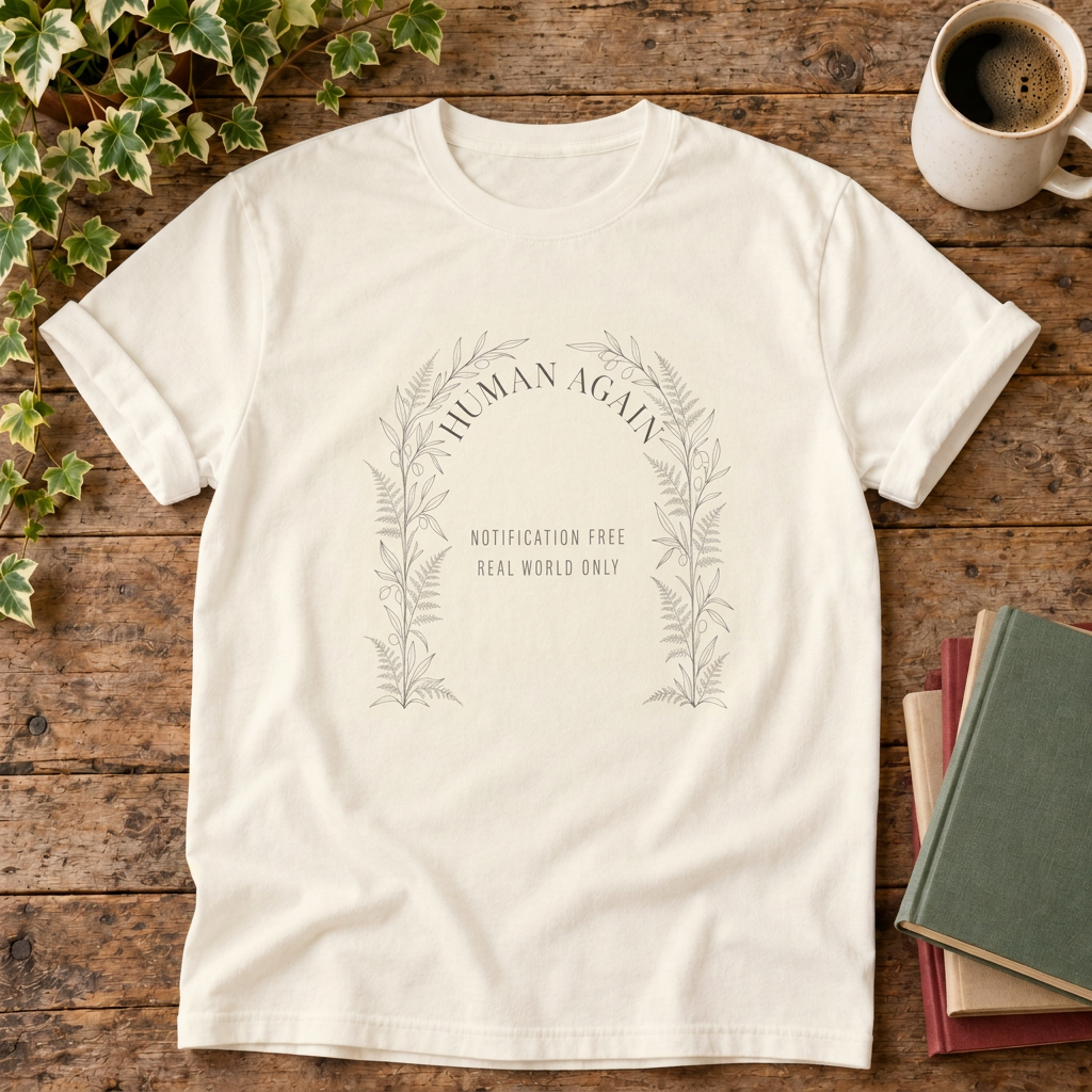 Human again t-shirt in Ivory, rustic flat lay