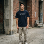 Man wearing my boundaries T-shirt in True Navy, urban streetwear lifestyle