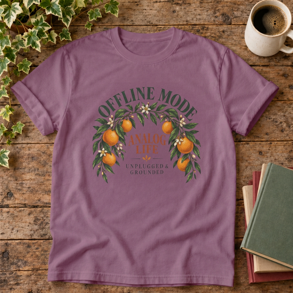 Offline mode analog life orange blossom t-shirt in Berry, rustic flat lay