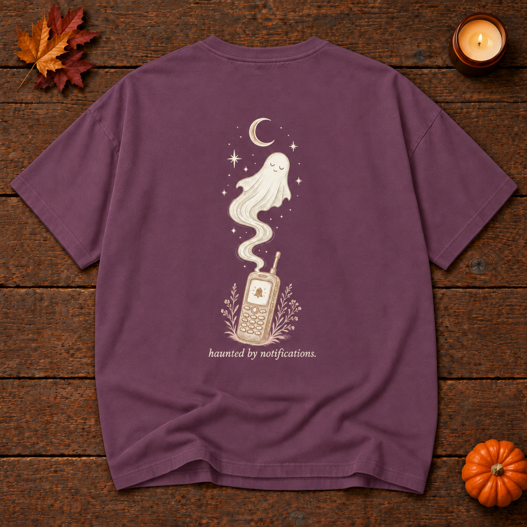 read at 11:47pm. berry relaxed fit t-shirt back, haunted by notifications ghost print