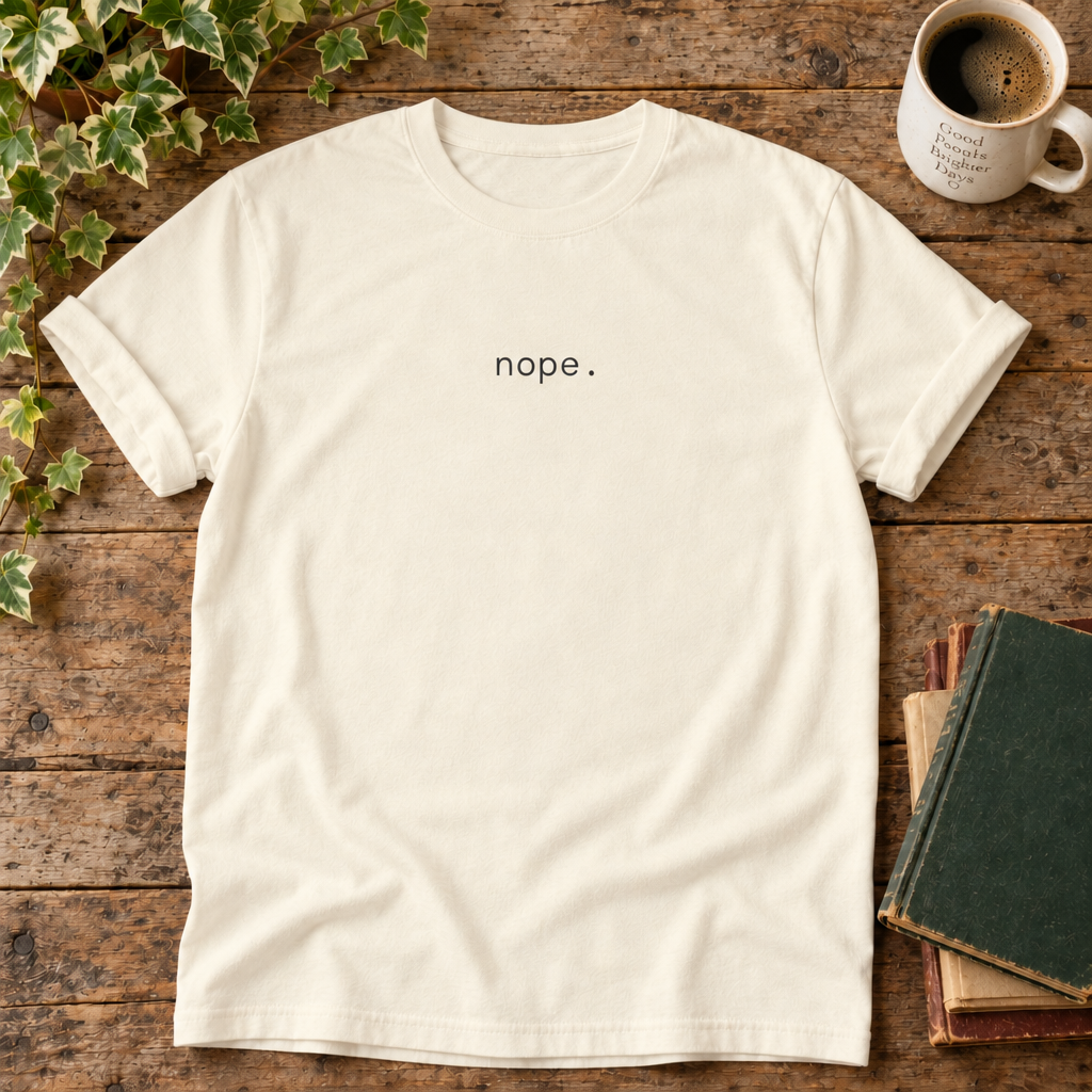 Nope Ivory flat lay with weathered wood and blank book cover